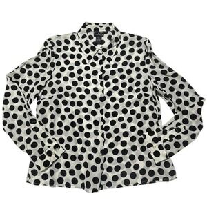 100% Silk Polka Dot Blouse L Black Ivory Semi Sheer Button Front Retro